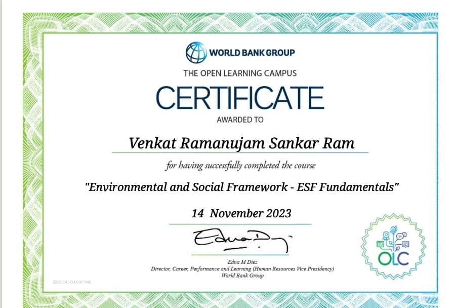 World bank Group e-learning Certification on Environment and Social Framework
